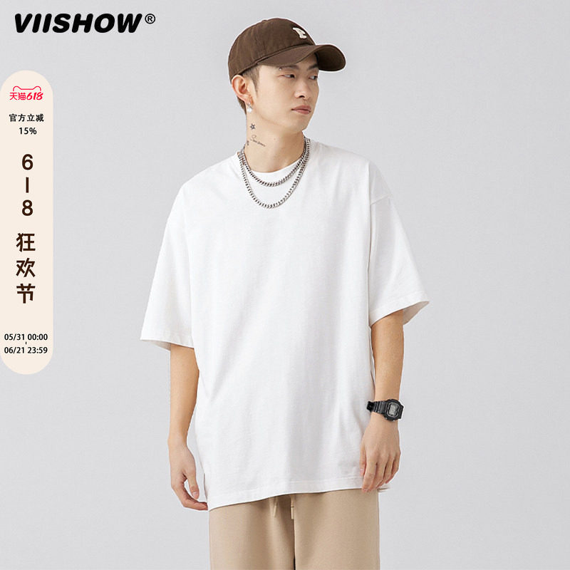 VIISHOW纯棉白色短袖男夏季潮牌休闲宽松重磅纯色t恤简约情侣上衣