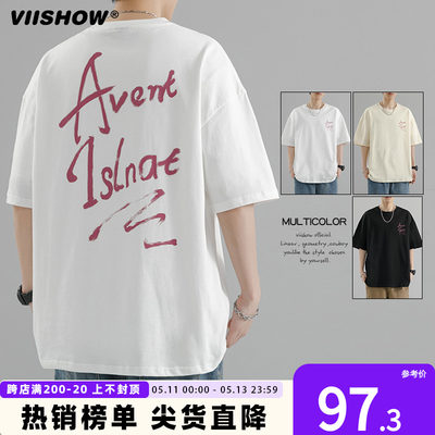 VIISHOW纯棉重磅短袖t恤男夏季美式复古潮牌青少年五分袖圆领体恤