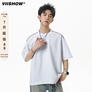 VIISHOW重磅纯棉圆领短袖男款2026夏新款复古刺绣上衣宽松情侣T恤