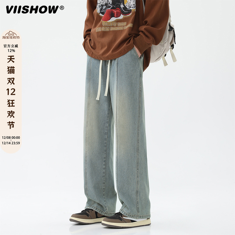 VIISHOW美式牛仔裤男款2024年夏新品做旧直筒宽松休闲阔腿裤子男