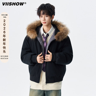 VIISHOW大毛领连帽羽绒服男冬加绒美式复古短款廓形宽松情侣外套
