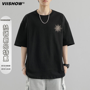 中袖 VIISHOW重磅纯棉印花短袖 休闲宽版 T恤男夏季 短t 潮牌宽松半袖