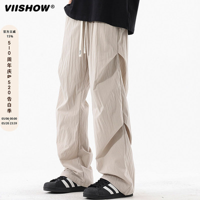 VIISHOW冰丝裤子男款夏季薄款潮牌褶皱伞兵裤宽松休闲直筒弯刀裤