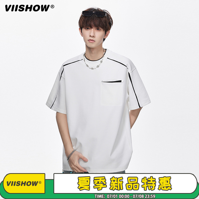 VIISHOW美式拼接设计感短袖男夏季潮cleanfit五分袖宽松百搭t恤衫
