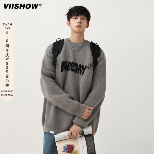 VIISHOW美式复古毛衣男秋新款潮牌宽松慵懒感针织衫情侣打底线衣