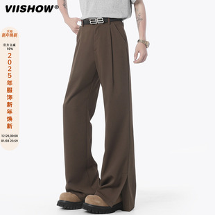 潮牌百搭直筒休闲裤 VIISHOW纯色开叉冰丝垂感弯刀微喇西裤 男夏季
