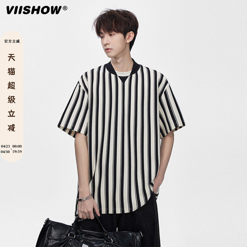VIISHOW复古双拼V领条纹短袖T恤男宽松潮流休闲五分字母印花体恤