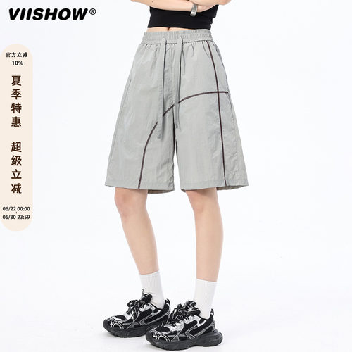 VIISHOW美式复古拼接休闲短裤男夏季哈苏线速干阔腿五分运动裤潮