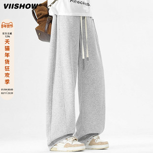 VIISHOW美式高街休闲裤男宽松直筒白花灰卫裤男生百搭阔腿长裤子