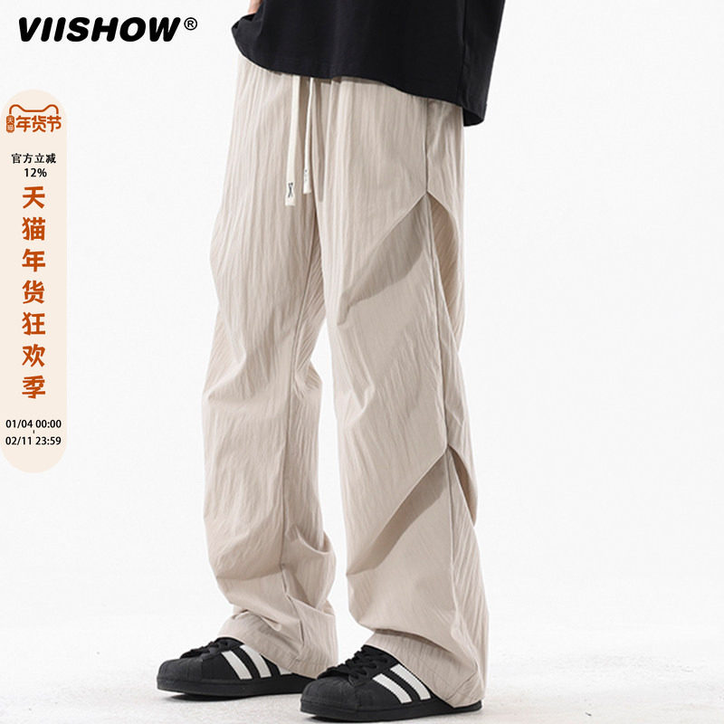 VIISHOW冰丝裤子男款夏季薄款潮牌褶皱伞兵裤宽松休闲直筒弯刀裤,男装,短裤,淘宝优惠券,粉丝福利购,淘宝优惠卷