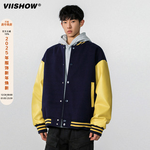 夹克 痞帅撞色宽松休闲pu皮拼袖 VIISHOW棒球服外套男2025秋季 美式
