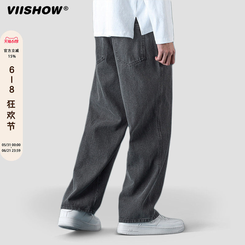 VIISHOW牛仔裤男潮牌夏季美式复古休闲黑色长裤抽绳直筒裤子春秋