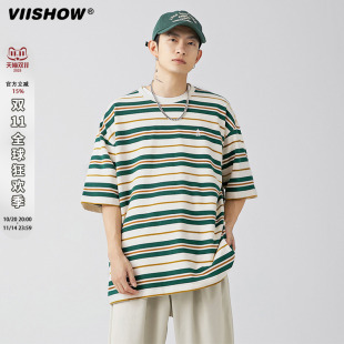 tee 宽松情侣百搭半袖 VIISHOW日系潮牌条纹圆领短袖 T恤男夏季