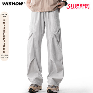 VIISHOW冲锋工装裤男款秋冬加绒阔腿运动伞兵裤子宽松直筒休闲裤