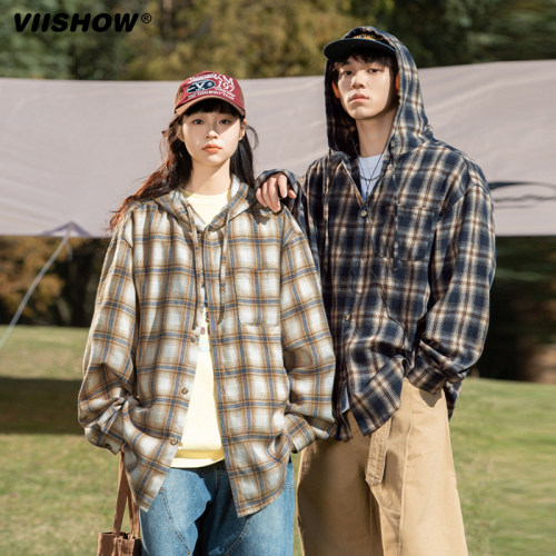 VIISHOW长袖格纹衬衫男女外套连帽衬衣潮流男生新款秋季宽松上衣