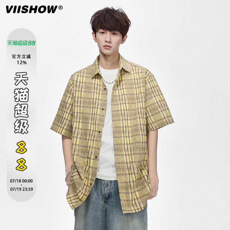 VIISHOW夏季2025新款美式格子短袖衬衫男生潮流时尚休闲宽松衬衣