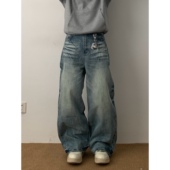 Daily1 牛王baggy 复古宽松设计感直筒裤 堆积感猫须水洗牛仔裤 美式