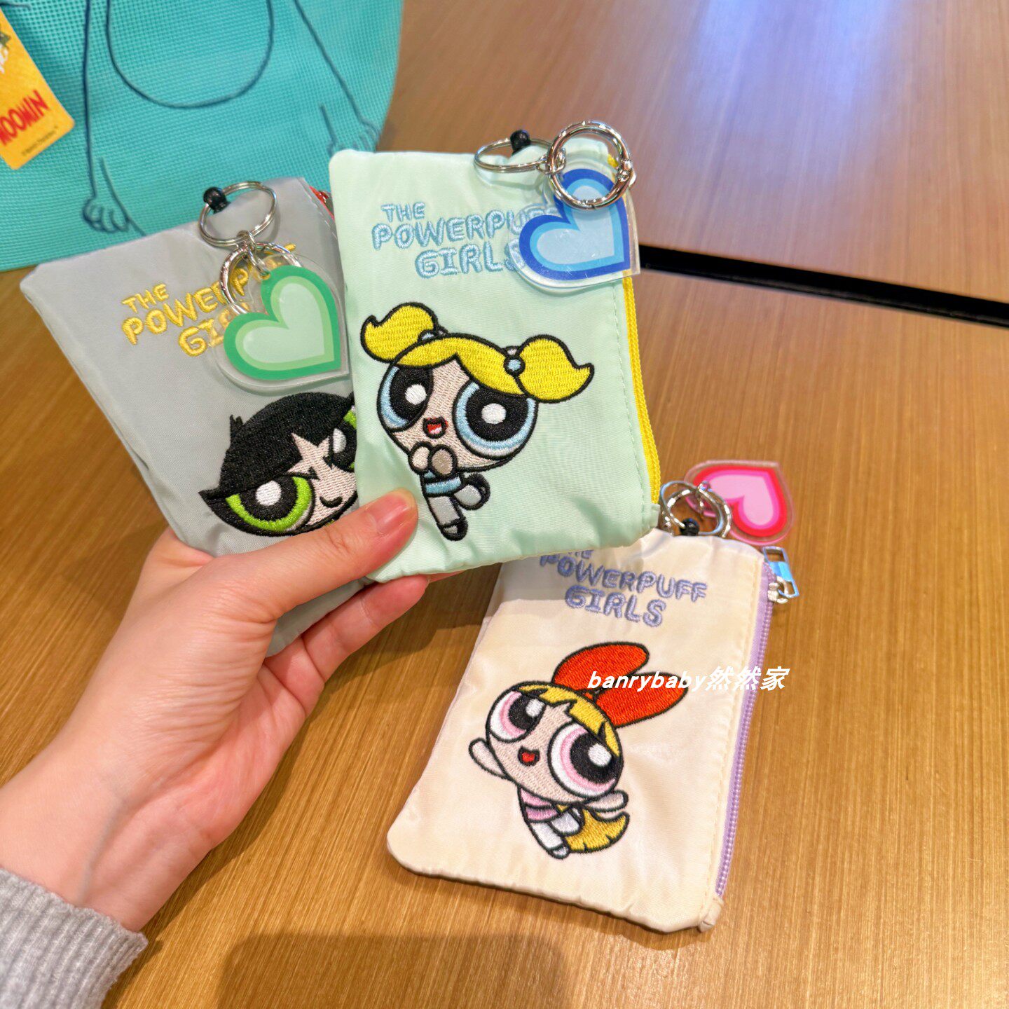 日系卡通飞天小女警刺绣卡包零钱包可伸缩拉绳钥匙包可挂收纳包