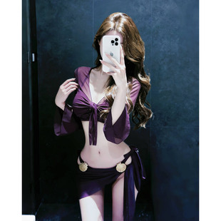 紫色新款比基尼四件套分体泳衣女小胸性感纯欲网红风海岛度假温泉