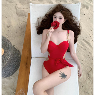 纯欲风新款 红色连体比基尼泳衣女性感辣妹高级感钢托聚拢小胸夏