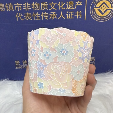 景德镇立体浮雕万花陶瓷杯釉下彩咖啡杯玉泥精美高颜值送人朱口杯