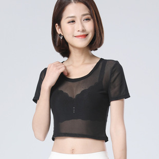 2019夏透明黑色罩衫短款短袖打底衫上衣女纱网纱修身性感透视百搭