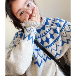 初遇 全羊毛北欧摩天轮毛衣古着羊毛衫圆领加厚100%羊毛情侣款女