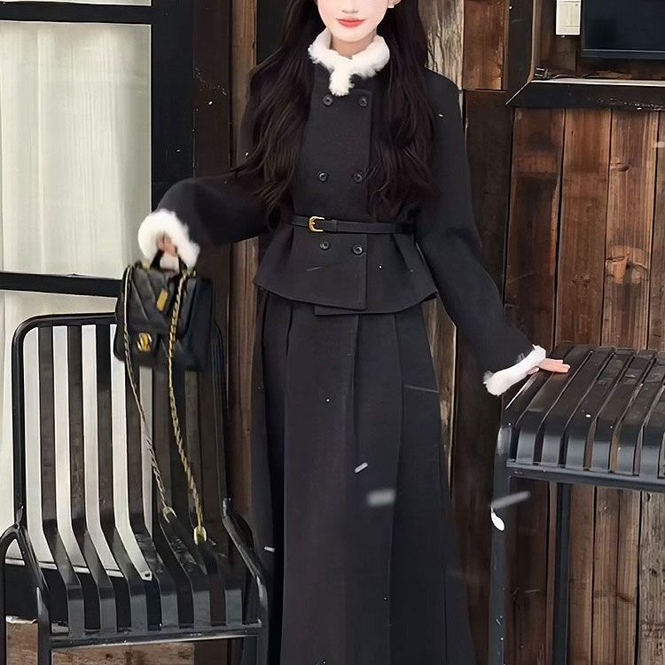 韩系富家千金小香风套装女秋冬高级感穿搭双排扣外套半身裙两件套