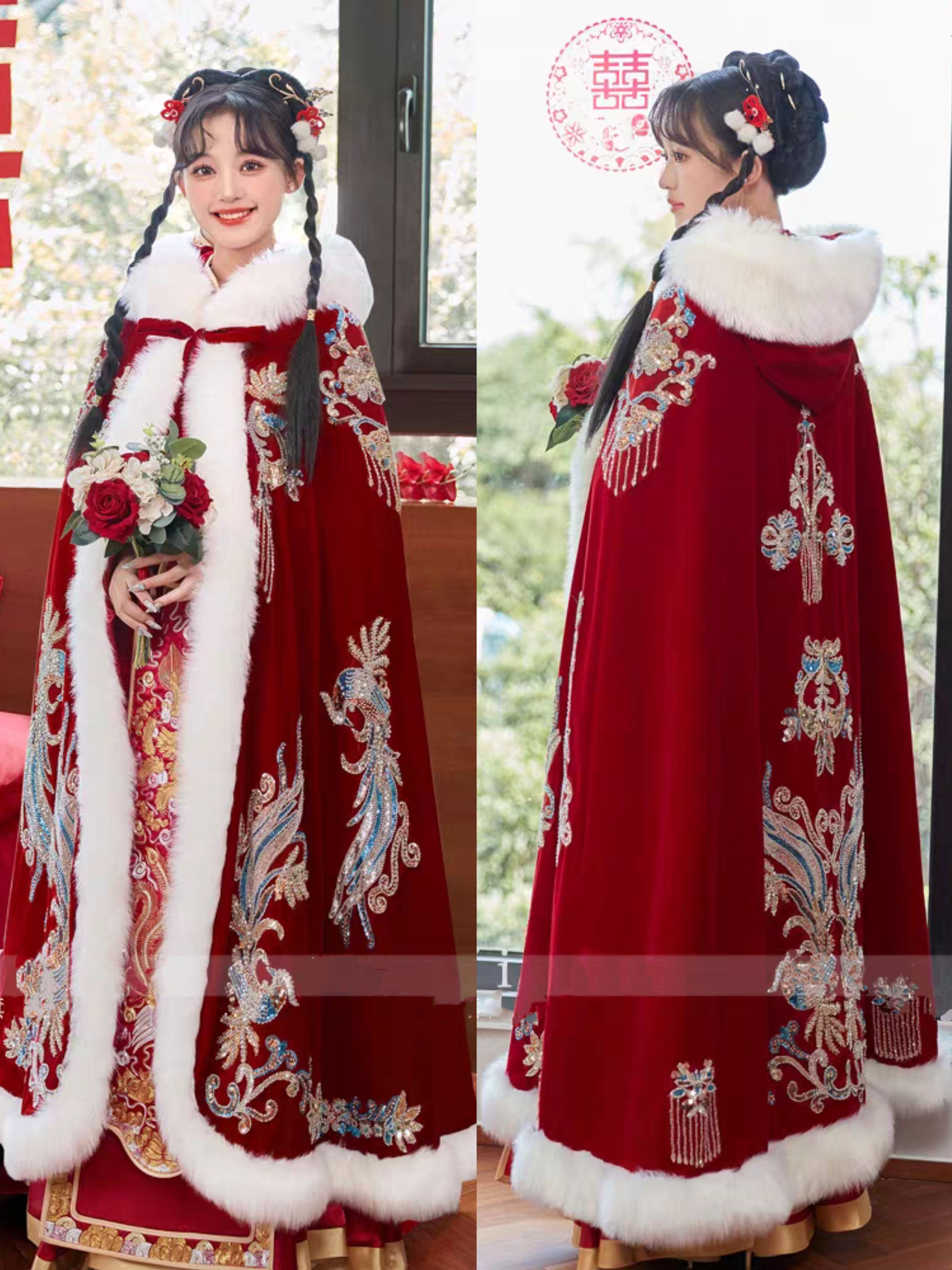 出租赁秀禾披风斗篷结婚冬季披肩婚礼新娘敬酒服外披加厚毛领连帽