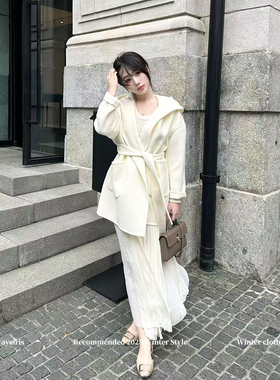 alwaysiris 媛鸢/ 经典款 气质口袋连帽腰带显瘦绵羊毛大衣