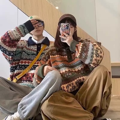 情侣装民族风翻领毛衣男女宽松线衣秋冬日系复古加厚针织衫外套