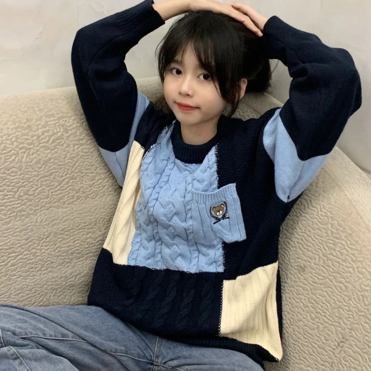 美式撞色套头圆领毛衣