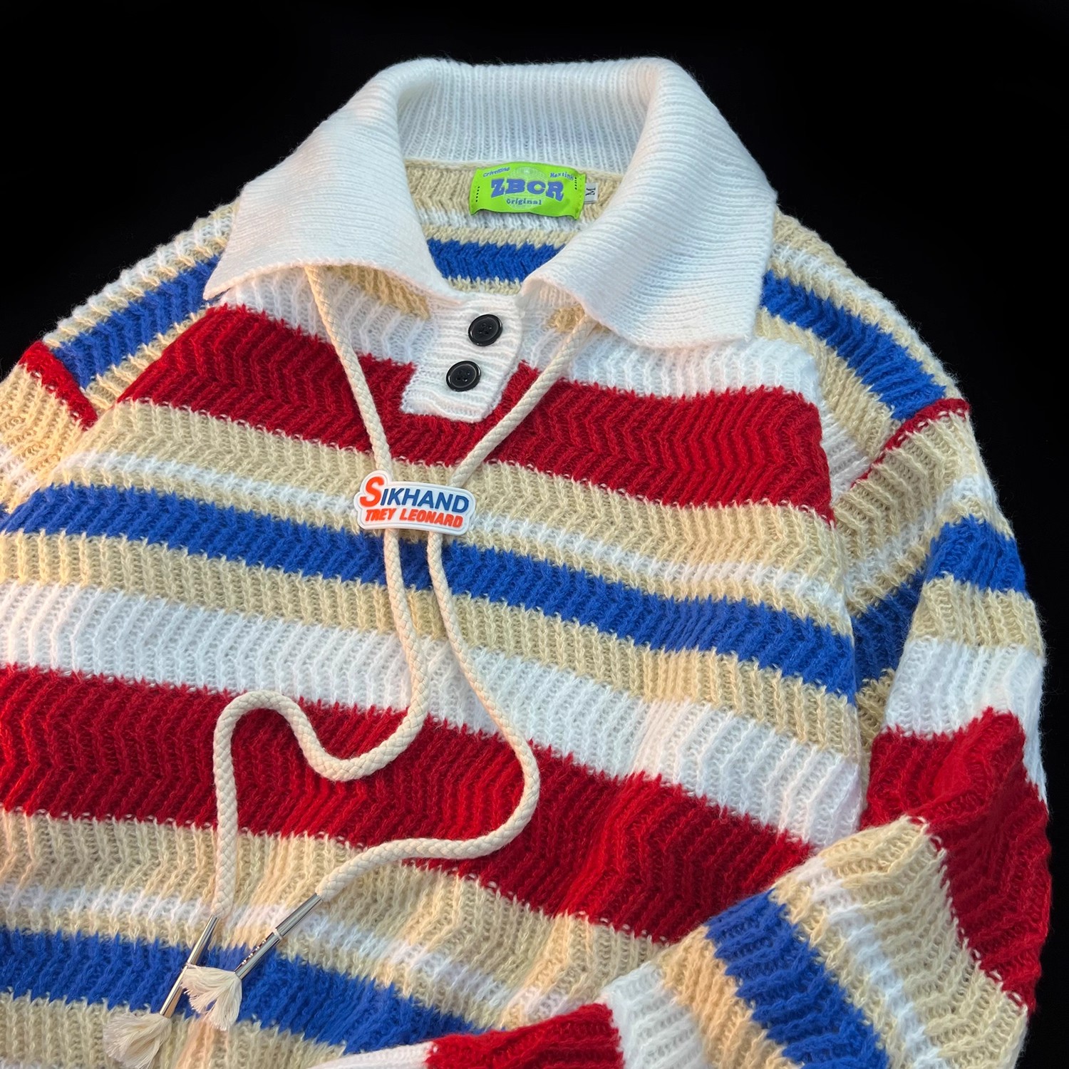 秋冬韩版彩虹条纹POLO领毛衣女学院风休闲宽松oversize情侣针织衫