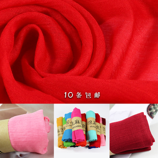 春秋冬季纯色棉麻围巾批发女士长款夏防晒亚麻薄丝巾红色送礼围巾