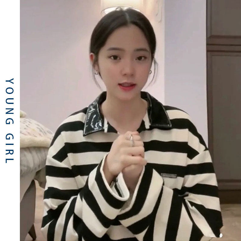 古力娜扎欧阳娜娜同款polo领女卫衣洋气条纹长袖港味复古chic上衣