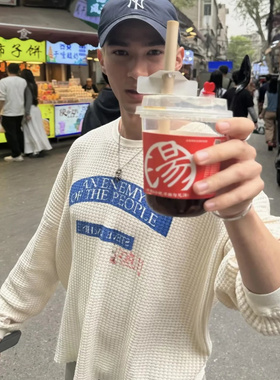 CROSS自主 Paly HollyWood 标语人像华夫格长袖 褪色白色米卡同款