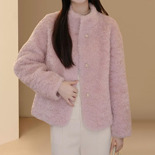 粉色小香风皮毛一体羊羔毛外套新款女士秋冬爆款加厚保暖大衣