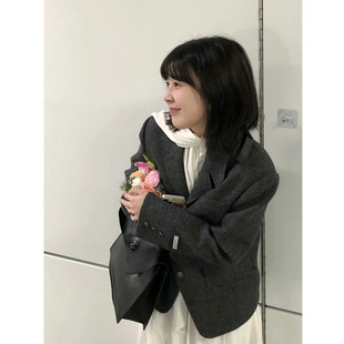 秋冬季 呢子大衣女新款 毛呢外套高级感小个子韩系 西装 灰色短款