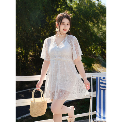 大码女装胖mm时髦套装高级感泳衣新款女士连体裙式蕾丝保守显瘦