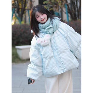 学院风蓝白色格纹连帽外套棉服女冬季新款学生百搭宽松保暖面包服