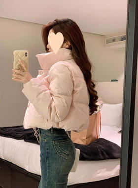 浅粉色绒棉服女短款小个
