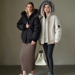 白色工装冲锋衣羽绒棉服女2025冬季新款韩系好看大毛领连帽派克服