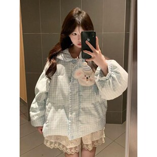 学院风蓝白色格纹连帽外套棉服女冬季新款学生百搭宽松保暖面包服
