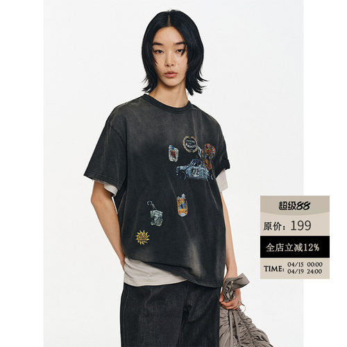 复古小车印花斑驳短袖