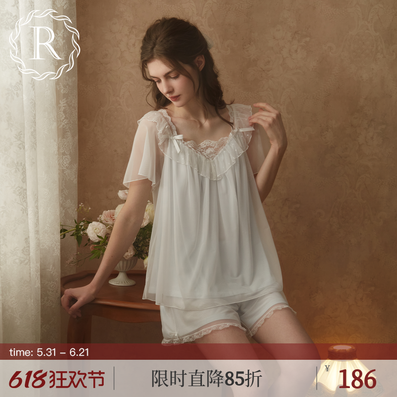 RoseTree公主风睡衣女夏季短袖蕾丝网纱宫廷风独特绝美家居服套装