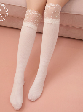 RoseTree芭蕾风袜子女春秋蕾丝蝴蝶结洛丽塔白色花边长筒袜小腿袜
