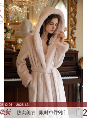 RoseTree珊瑚绒睡袍女冬季连帽长款浴袍加厚保暖国风牛奶绒睡衣