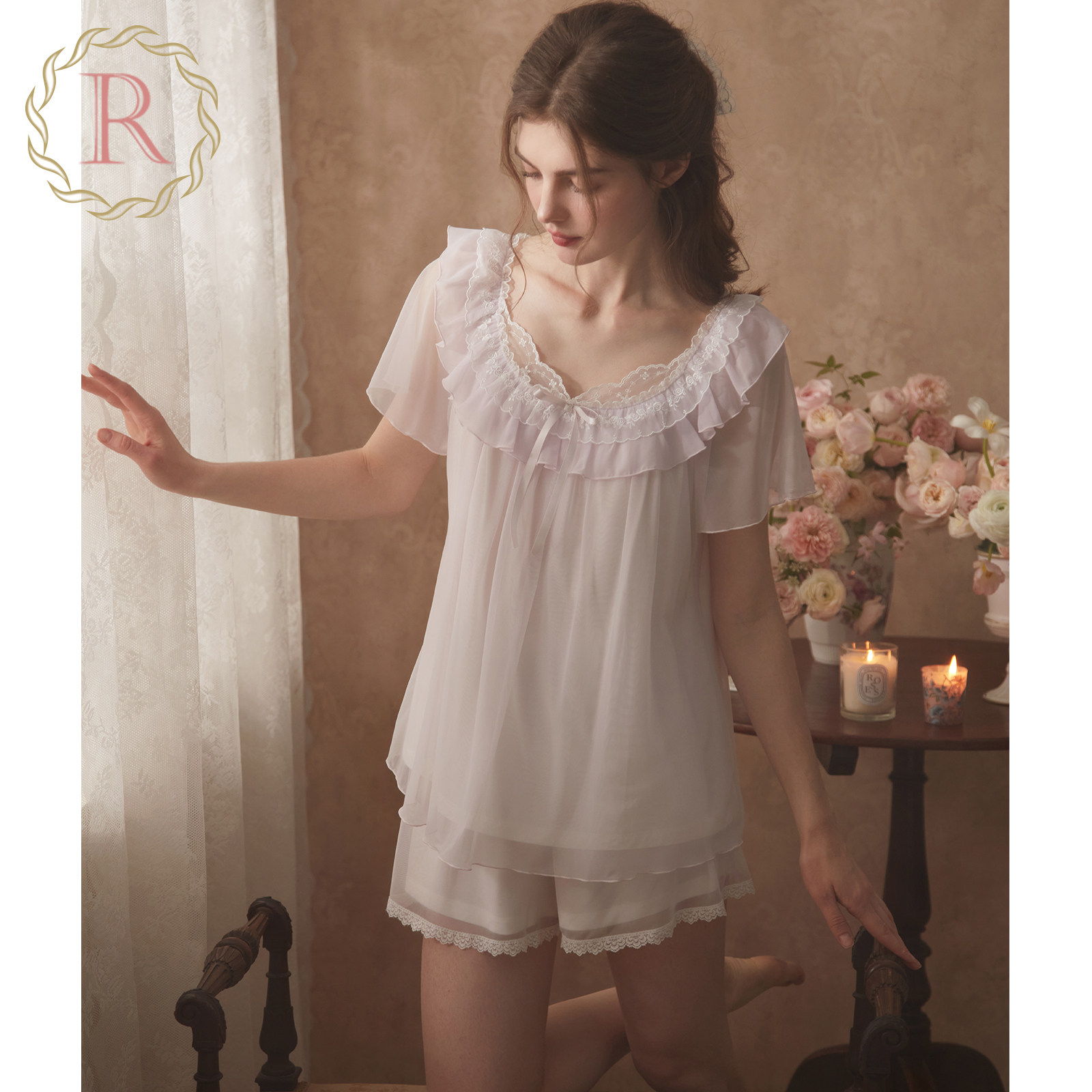 RoseTree公主睡衣女夏季薄款短袖短裤蕾丝法式宫廷风家居服套装
