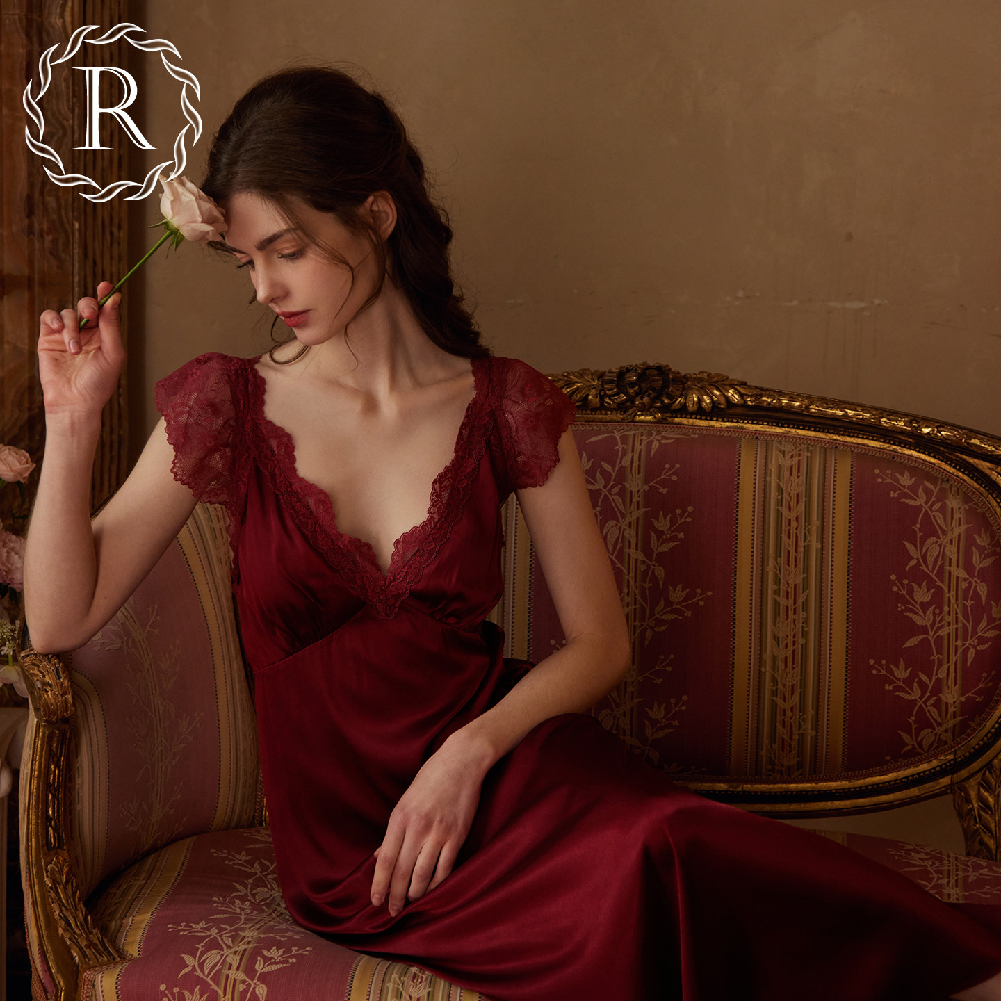 RoseTree吊带睡裙女款夏季法式绝美蕾丝性感红色冰丝睡衣带胸垫