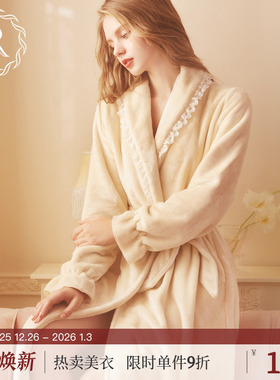 RoseTree珊瑚绒睡袍女款冬季加厚加绒浴袍浴衣长款法兰绒睡衣外套